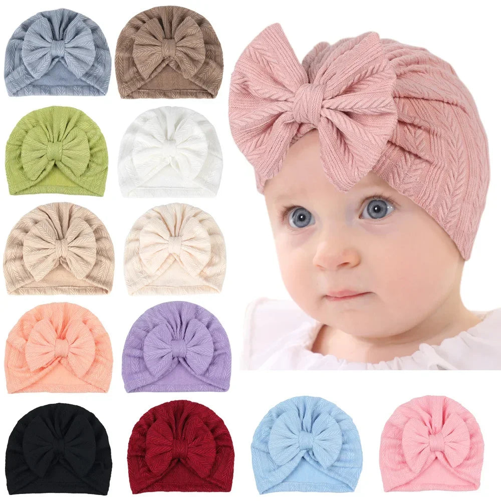 Cute Bow Baby Turban Hat Soft Elastic Kids Beanie Spring Summer Breathable Solid Color Baby Girl Bonnet Hats for Newborn Infant