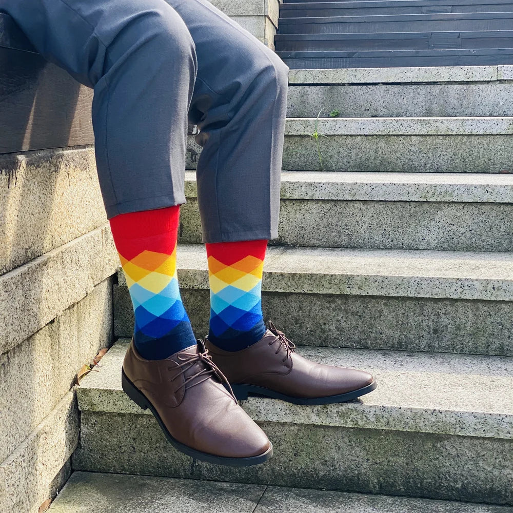 Men Socks Standard Casual Happy Socks High Quality Diamond Pattern Cotton Socks 10 Colors Couple suit Men's plus size socks