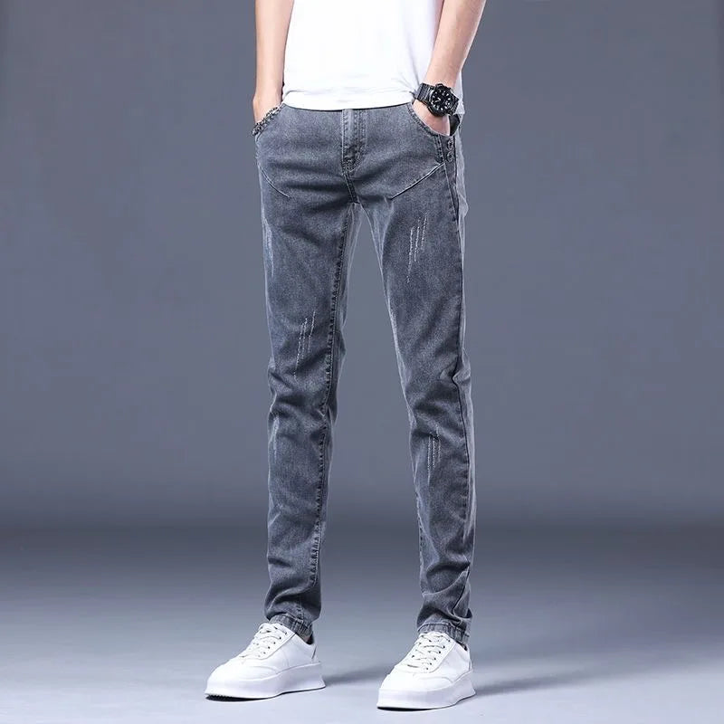 2023 Spring and Autumn New Classic Fashion Solid Color Elastic Jeans Men's Casual Slim Breathable High-Quality Small Feet Pants