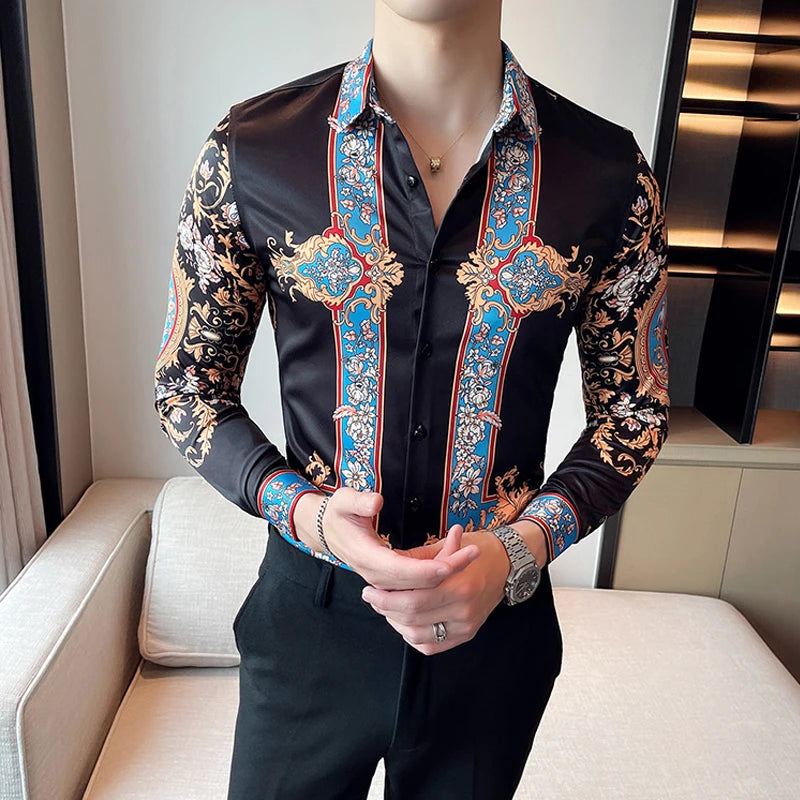 Luxury Long Sleeve Mens Baroque Shirts Dress Autumn Party Prom Wear Slim Fit Male Brand Clothing Striped Print Casual Shirt Men