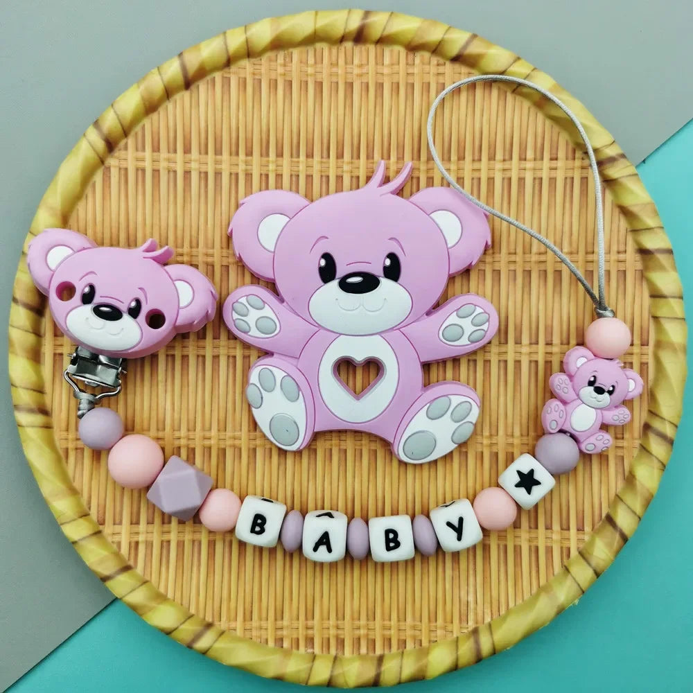 Custom English Russian Silicone Letter Name Baby Bear Silicone Beads Pendant Pacifier Clips Chains Teether Baby Kawaii Toy Gifts