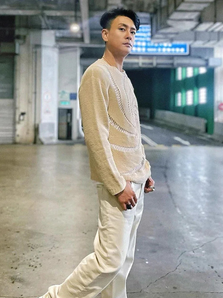 Fashion Vortex Pattern Hollow Out Knitted Sweater Men Trendy Brand O-neck Pullover Spring Autumn High Street Casual Knitwear