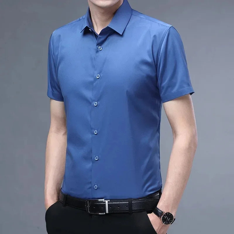 S-6XLHigh Quality Stretch Anti-Wrinkle Men Shirts Long Sleeve Dress Shirts For MaleSlim Social Business Blouse Solid Color Shirt