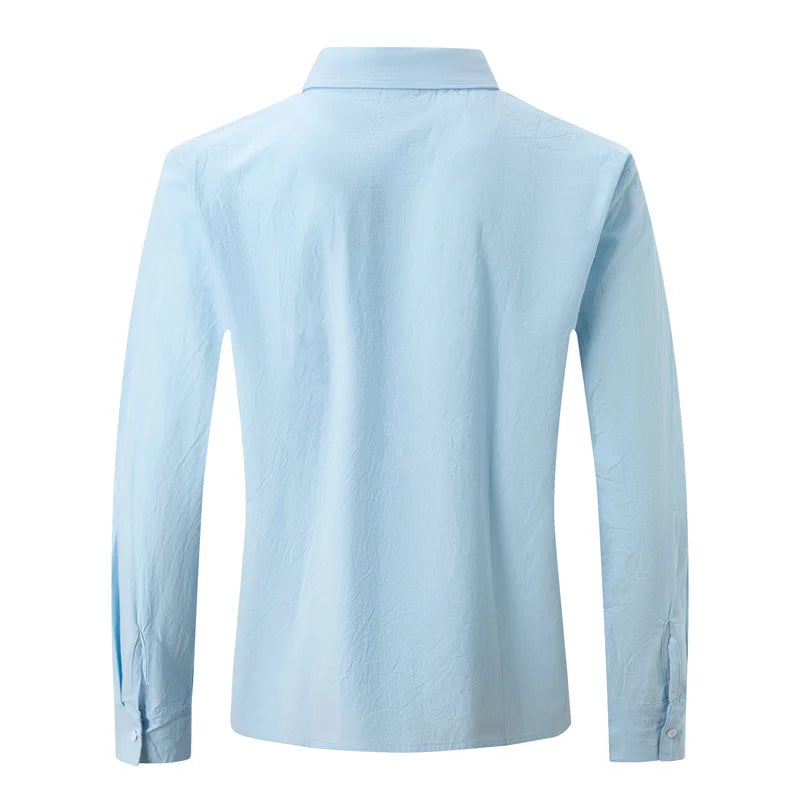 Men's Linen Long-Sleeved Shirts Spring Autumn 100%Cotton Solid Color Turn-down Collar Casual Style Plus