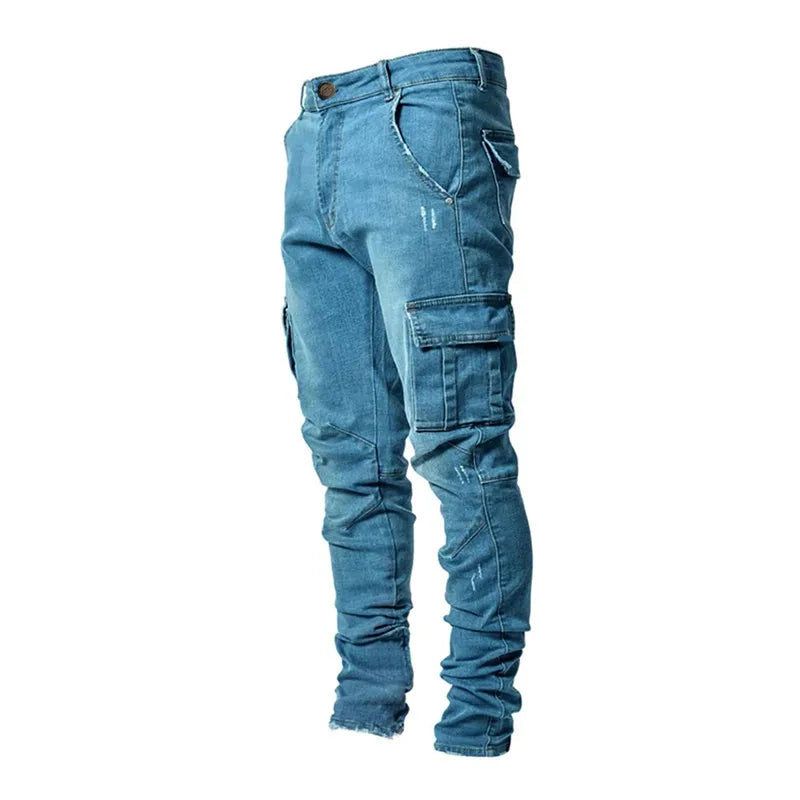 2024 Spring Summer New Men's Clothing Solid Color Stretch Multi-Bag Skinny Pants Slim Slimming Denim Cargo Pants Jeans