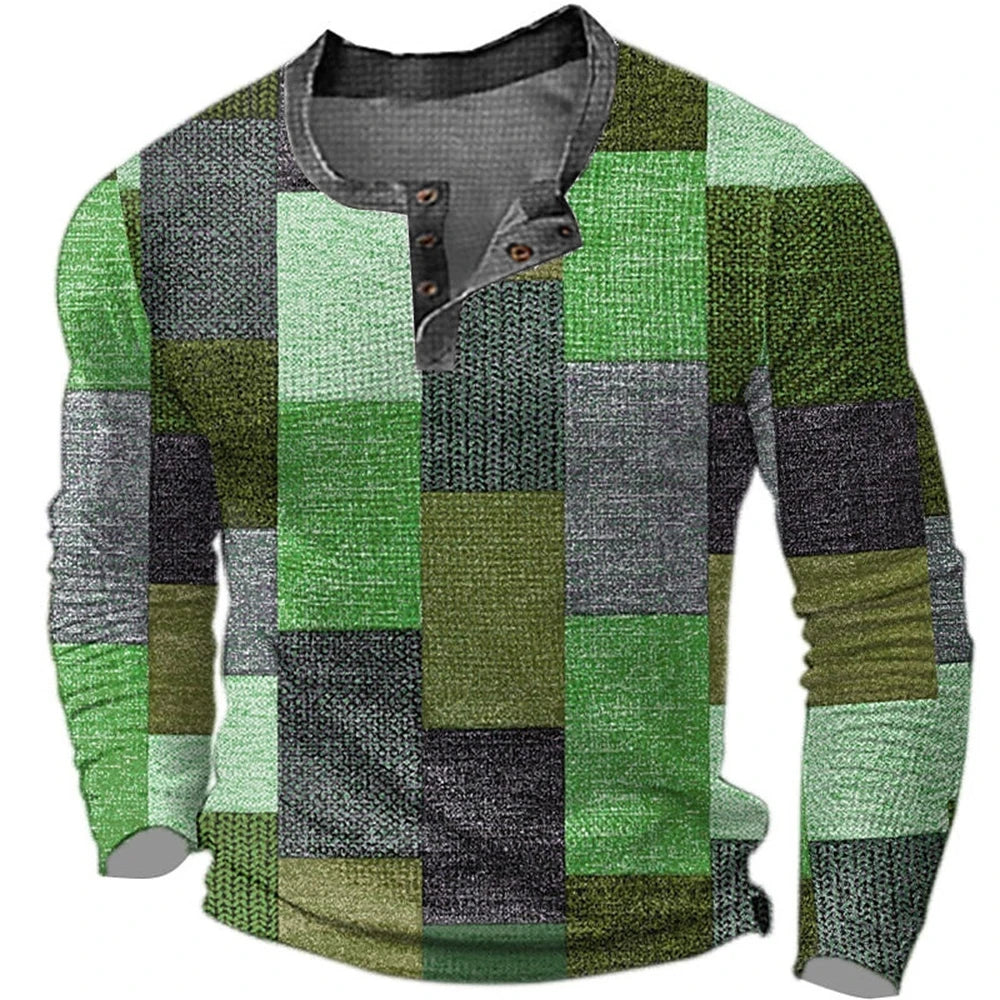 Men's Cotton T Shirt Color Block Graphic Tshirt Print Henley Shirt Oversized Apparel Outdoor Casual Long Sleeve Button Clothing