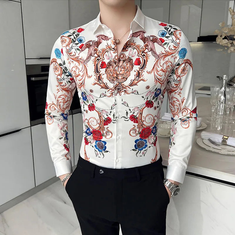 Luxury Long Sleeve Mens Baroque Shirts Dress Autumn Party Prom Wear Slim Fit Male Brand Clothing Striped Print Casual Shirt Men