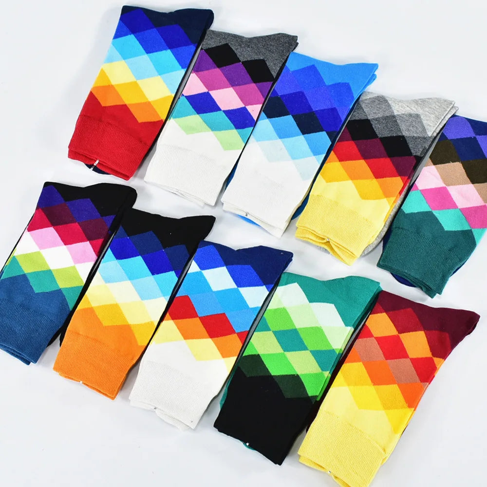 Men Socks Standard Casual Happy Socks High Quality Diamond Pattern Cotton Socks 10 Colors Couple suit Men's plus size socks