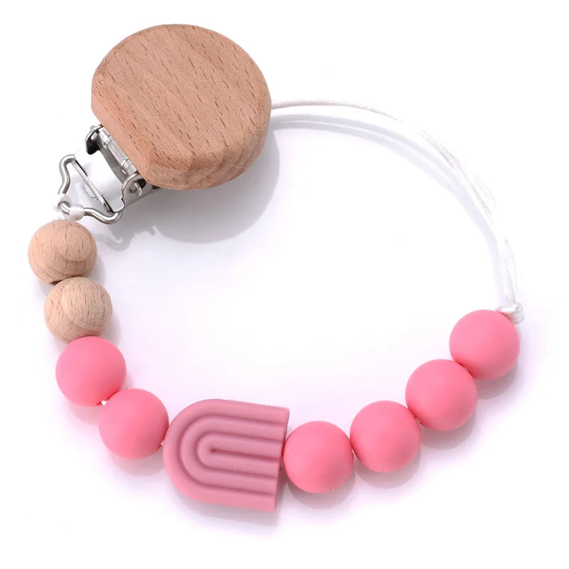 Baby Beech Pacifier Clip Baby Anti-drop Pacifier Chain Silicone Rainbow Beads Teething Chain Toy Gifts Dummy Holder Nipple Clip