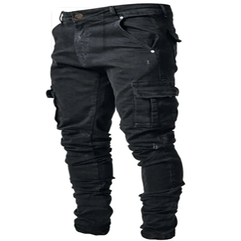 2024 Spring Summer New Men's Clothing Solid Color Stretch Multi-Bag Skinny Pants Slim Slimming Denim Cargo Pants Jeans