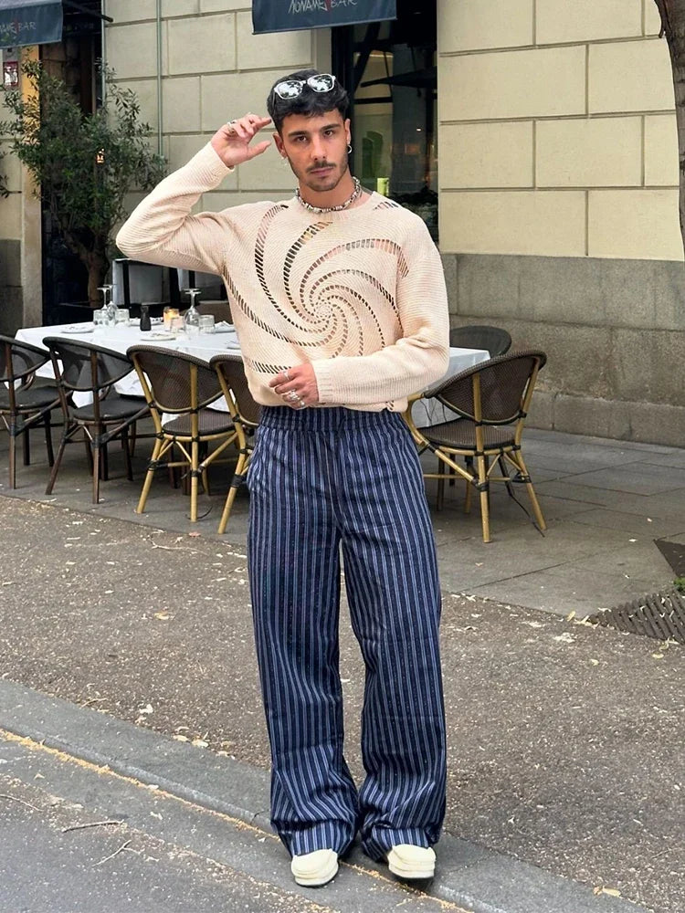 Fashion Vortex Pattern Hollow Out Knitted Sweater Men Trendy Brand O-neck Pullover Spring Autumn High Street Casual Knitwear