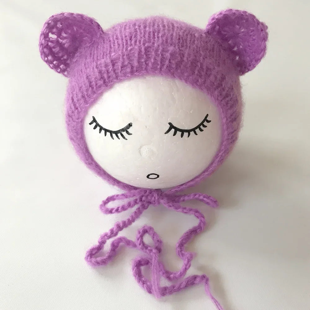 Newborn Mohair Ear Bear Hat Bonnet Baby Infant Photography Props Cap Gorro Bebe Handmade Knitted Hats Photo Accessories