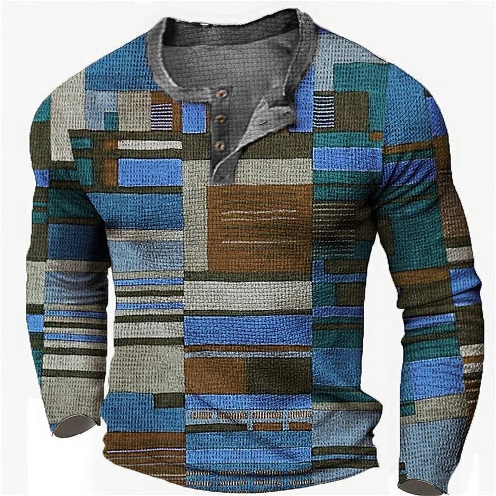 Men's Cotton T Shirt Color Block Graphic Tshirt Print Henley Shirt Oversized Apparel Outdoor Casual Long Sleeve Button Clothing