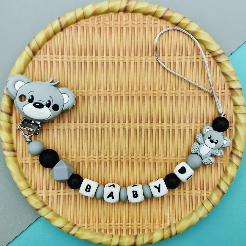 Custom English Russian Silicone Letter Name Baby Bear Silicone Beads Pendant Pacifier Clips Chains Teether Baby Kawaii Toy Gifts