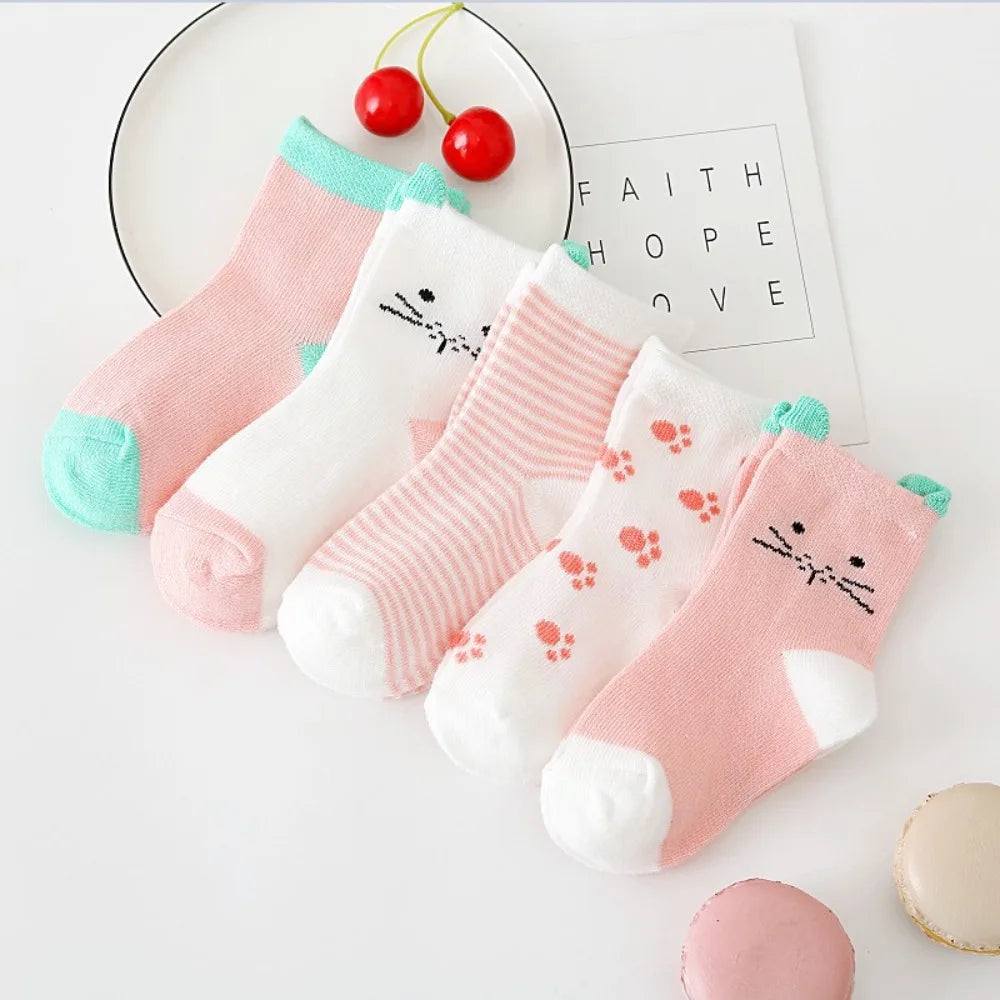 5 Pairs/Lot Cartoon Baby Socks Cute Cat Animal Cotton Newborn Children's Socks Girl Kids Boy Soft Knit Toddler Sleeping Socks