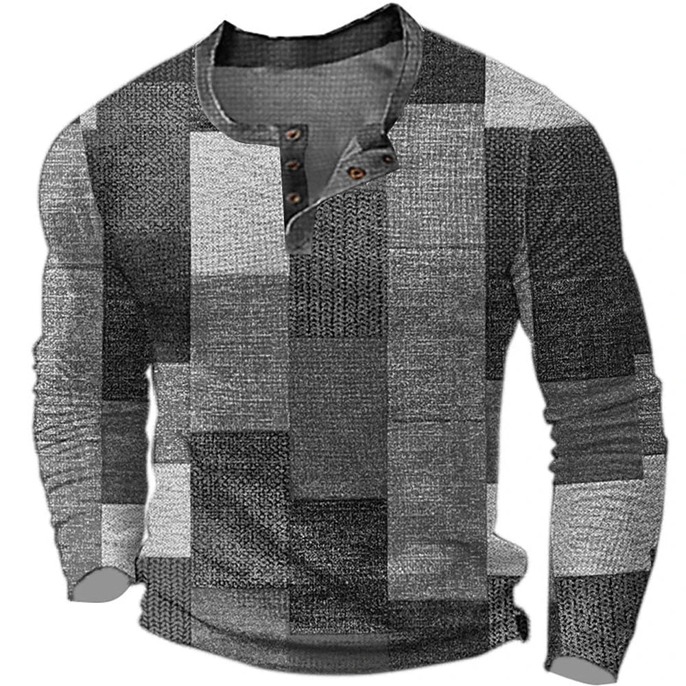 Men's Cotton T Shirt Color Block Graphic Tshirt Print Henley Shirt Oversized Apparel Outdoor Casual Long Sleeve Button Clothing