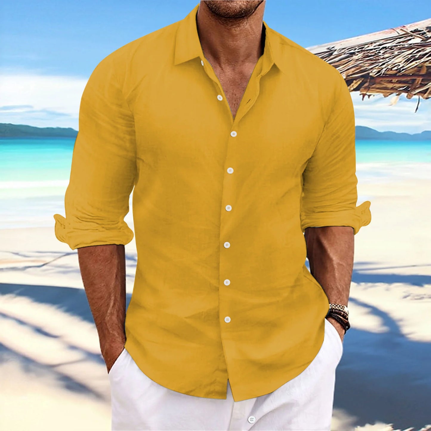 Men's Linen Long-Sleeved Shirts Spring Autumn 100%Cotton Solid Color Turn-down Collar Casual Style Plus