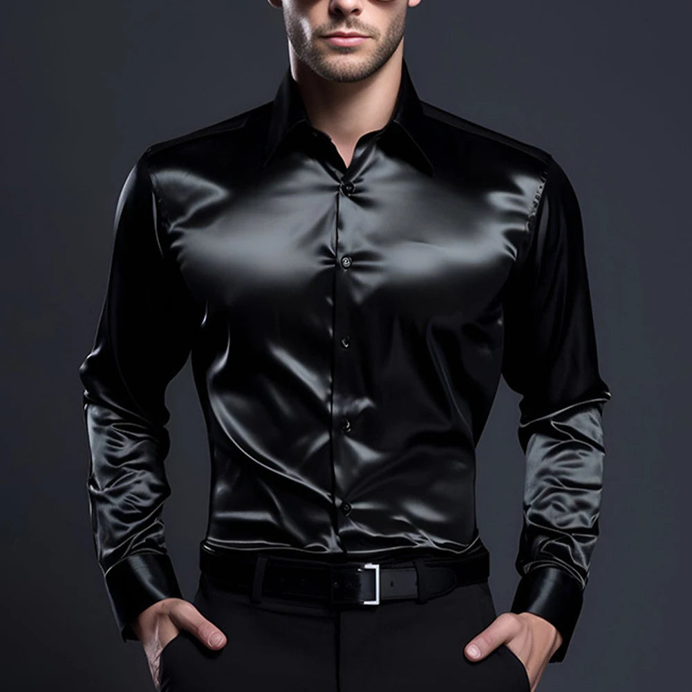 Men's Casual Satin Silk Shirts Single Breasted Button Lapel Collar Dress Shirt Slim Fit Fashion Party Long Sleeve Tops Clothing