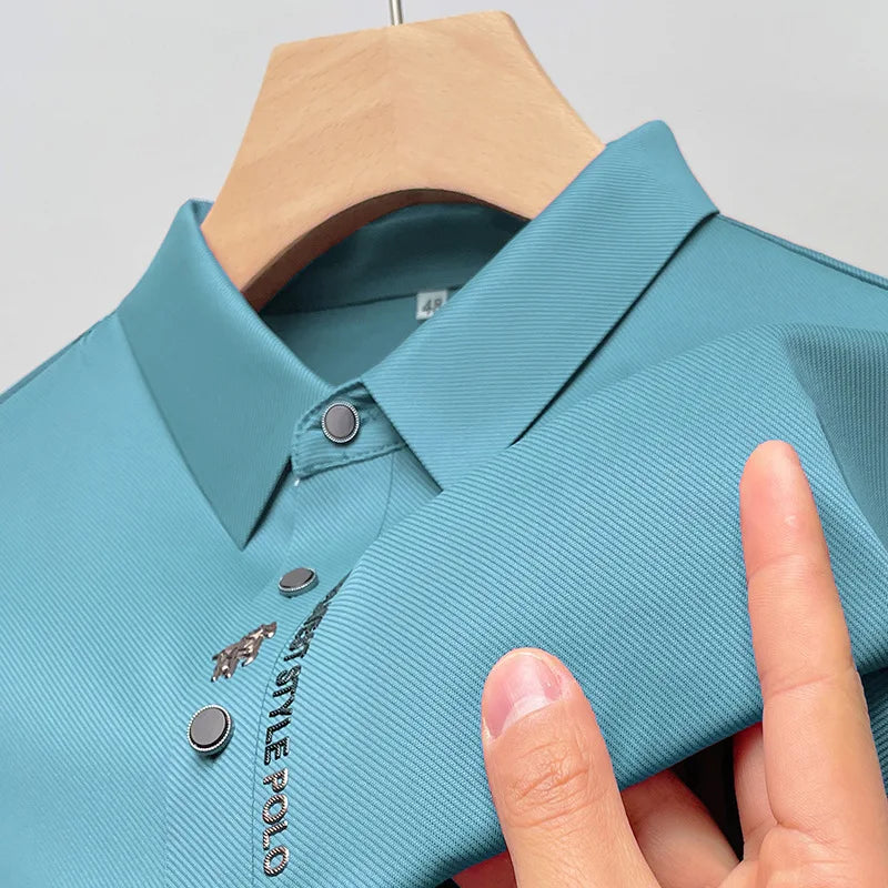 Ice Silk Embroidered Polo Shirt 2023 New Autumn/summer Polo Neck Elastic T-shirt Korean Fashion Short Sleeve Casual Men's Clothi