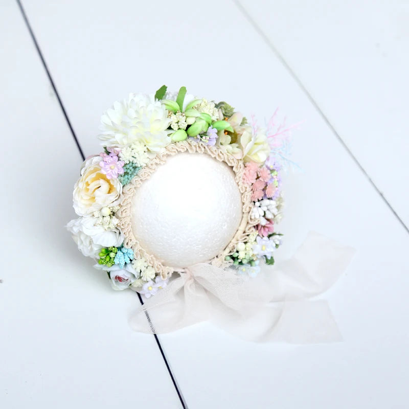 Vintage Newborn Floral Bonnet Baby girl Hat For Photography Knitted Newborn Garden Flower Bonnet For Photo Shoot Props