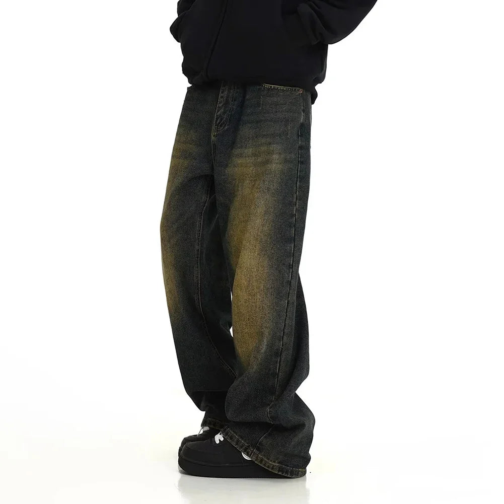 Male Jeans Mens Pants Regular Solid Color Straight Leg Pants Stylish Vintage Wash Baggy Y2k Fashion Streetwear