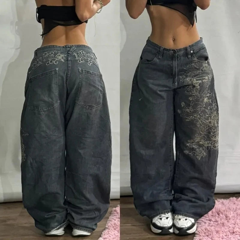 Y2K Harajuku Fashion Letter Embroidery Oversized Printed Baggy Jeans Men Street Retro Casual Gothic High Waist Wide Leg Trousers