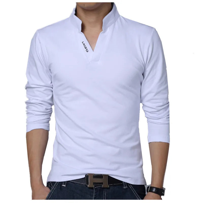 2024 New Fashion Men Cotton Polo Shirt, Leisure Stand Collar Long Sleeve Mens V Neck POLO Shirts, Asian Size Male T-shirt Top