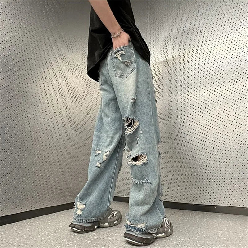 High Street Ripped Jeans Men's Clothing Solid Color Y2K Wide Leg Pants Spring Summer Button Pocket Loose Trousers A048