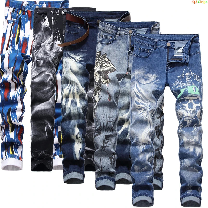 Plus Size Men's Jeans 3D Digital Print Stretch Denim Pants Blue Black White Trousers Men Fashion Slacks 28-34 36 38 40 42