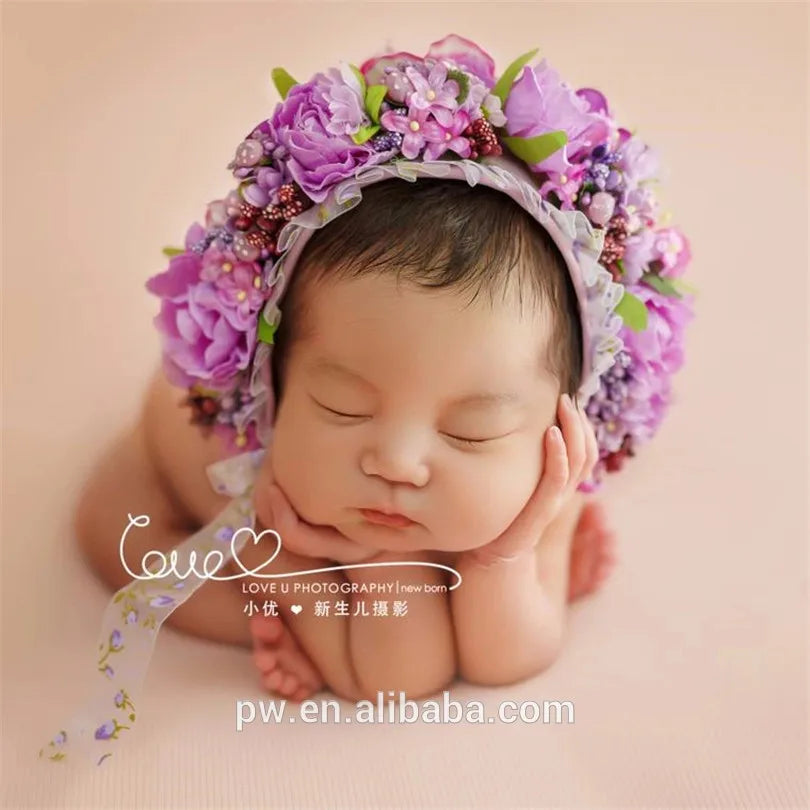Vintage Newborn Floral Bonnet Baby girl Hat For Photography Knitted Newborn Garden Flower Bonnet For Photo Shoot Props