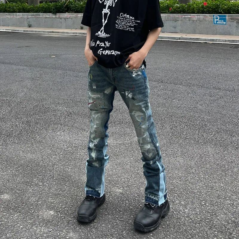 High Street Retro Ink Splash Patchwork Ripped Jeans Flare Pants Men and Women Straight Casual Oversized Loose Denim Trousers