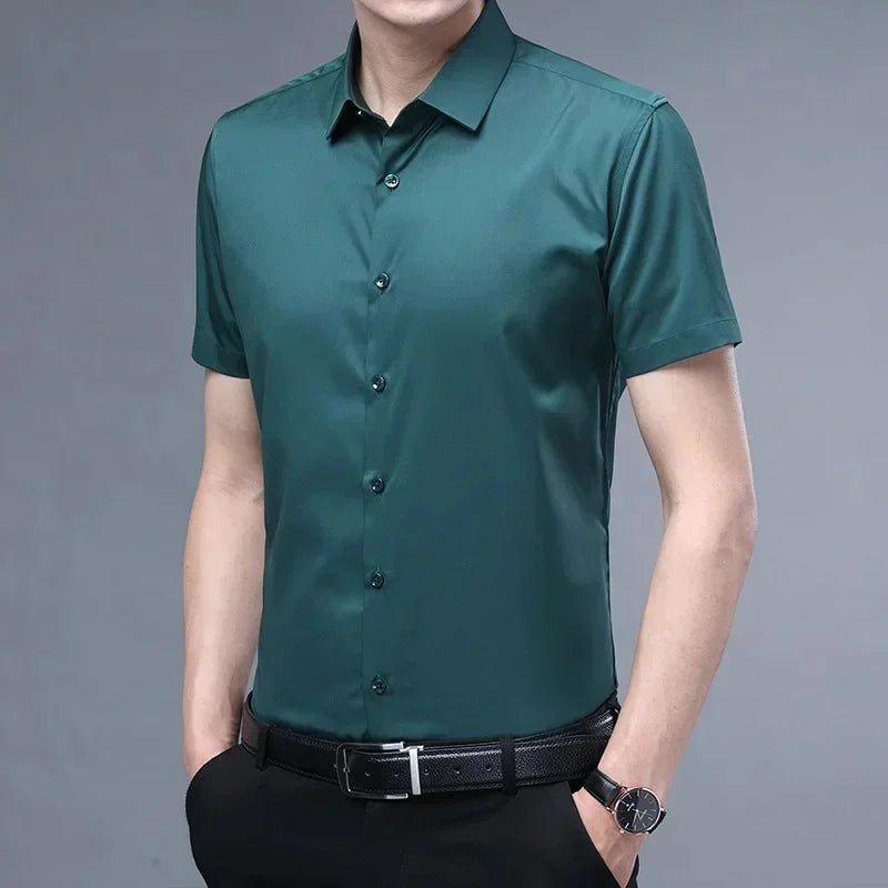 S-6XLHigh Quality Stretch Anti-Wrinkle Men Shirts Long Sleeve Dress Shirts For MaleSlim Social Business Blouse Solid Color Shirt