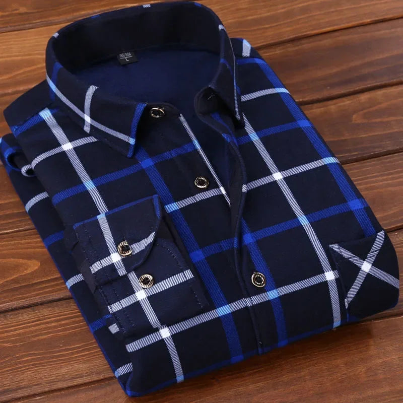 2024 Men's Autumn Winter Casual Fleece Plaid Shirt Fashion Soft Warm Turn Down Collar Long Sleeve Shirt Male High-Quality Tops