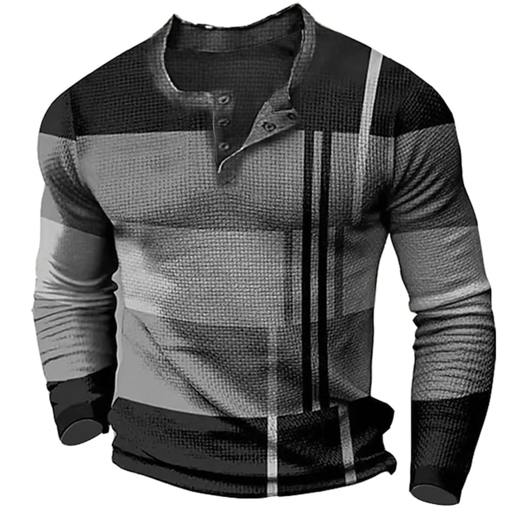 Men's Cotton T Shirt Color Block Graphic Tshirt Print Henley Shirt Oversized Apparel Outdoor Casual Long Sleeve Button Clothing