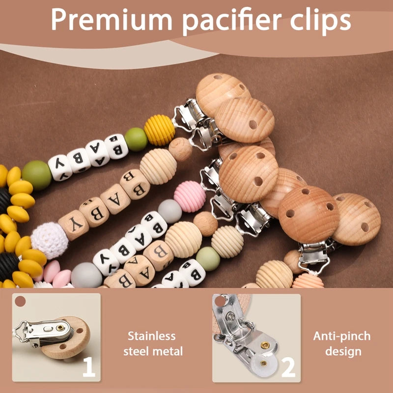1pc Personalized Name Baby Pacifier Clips Chain Sunflower Wood Pacifier Clips Safe Teething Chain Soother Chew Toy Dummy Clips