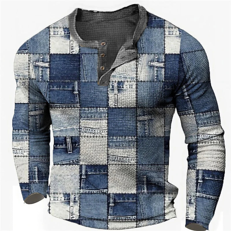 Men's Cotton T Shirt Color Block Graphic Tshirt Print Henley Shirt Oversized Apparel Outdoor Casual Long Sleeve Button Clothing