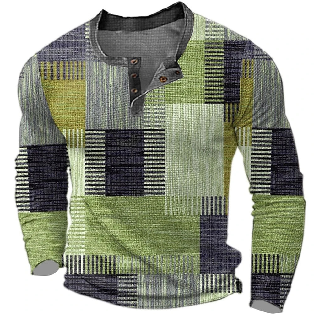 Men's Cotton T Shirt Color Block Graphic Tshirt Print Henley Shirt Oversized Apparel Outdoor Casual Long Sleeve Button Clothing