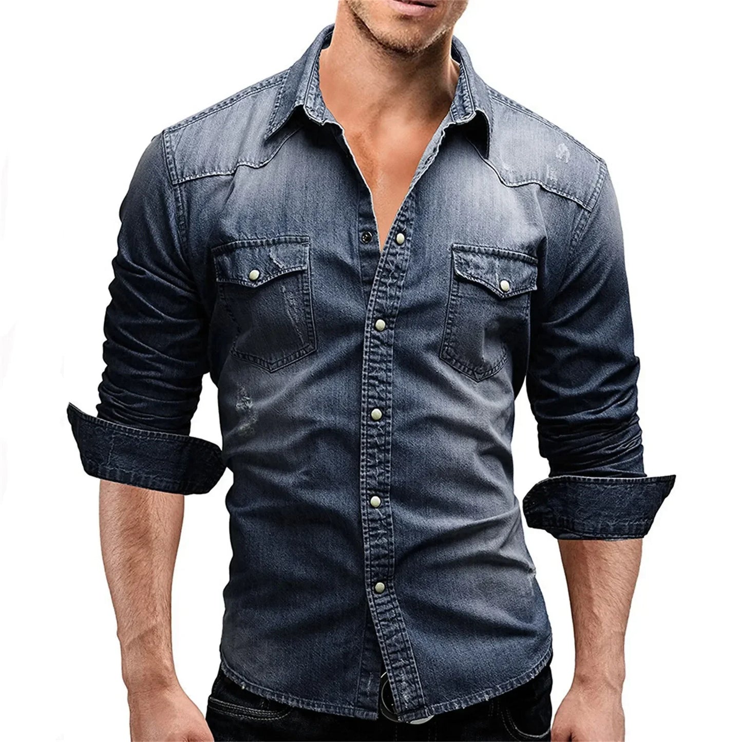 Elastic Cotton Denim Shirt Men Long Sleeve Cowboy Shirts Solid Color Pocket Shirts For Men Casual Slim Fit Jeans Shirts Chemise
