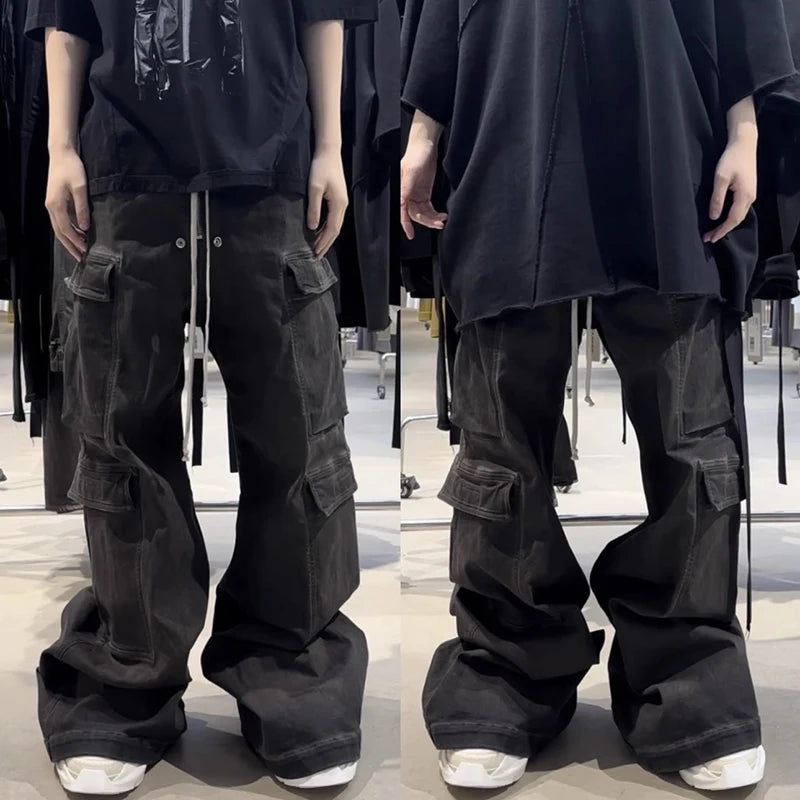 RO Style Ribbons Wide Leg Multi-Pockets Smoke Grey Baggy Jeans for Men Straight Pantalones Hombre Drawstring Denim Trousers