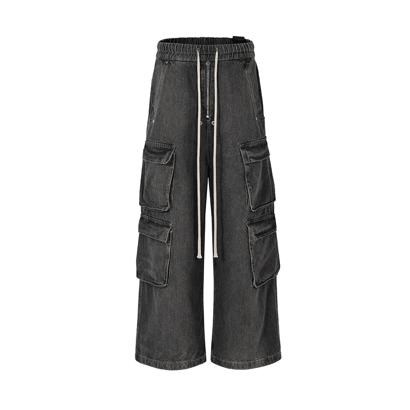 RO Style Ribbons Wide Leg Multi-Pockets Smoke Grey Baggy Jeans for Men Straight Pantalones Hombre Drawstring Denim Trousers