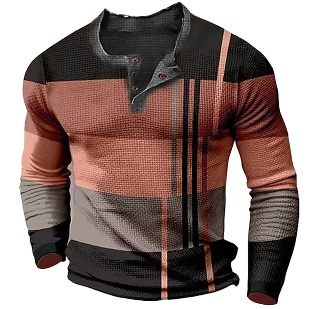 Men's Cotton T Shirt Color Block Graphic Tshirt Print Henley Shirt Oversized Apparel Outdoor Casual Long Sleeve Button Clothing
