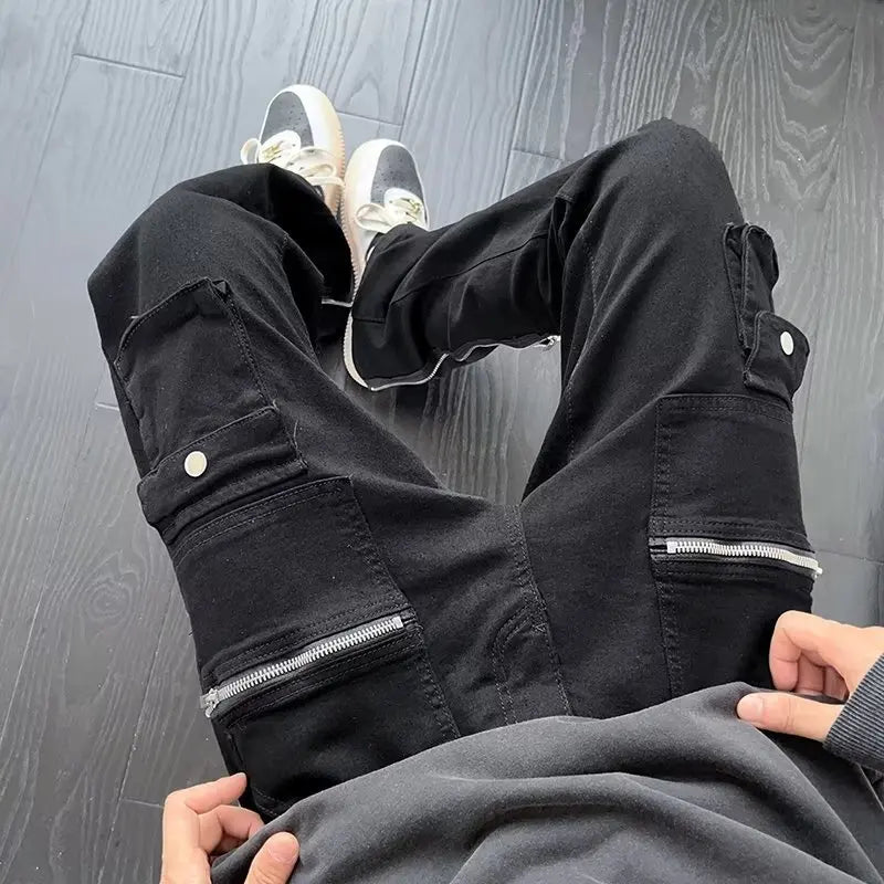 2023 Y2K Fashion Zipper Black Flared Jeans Cargo Pants For Men Designer Clothes Straight Solid Casual Long Trousers Ropa Hombre