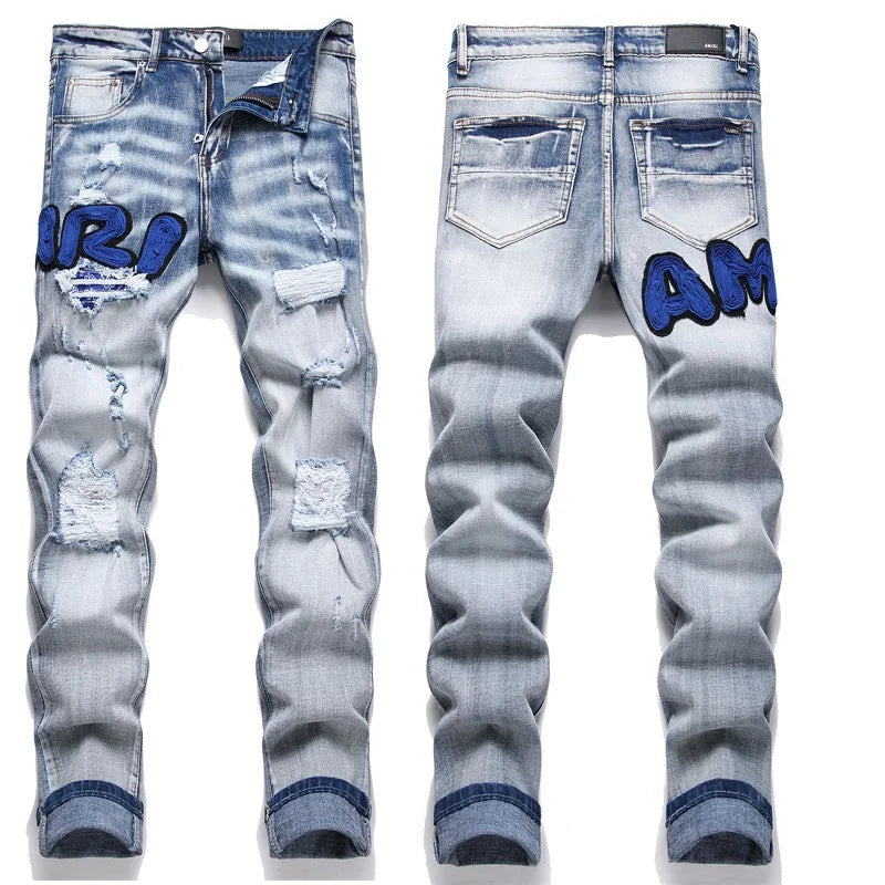High Street Stretch Embroidery Men’s Jeans Ripped Streetwear Jeans Punk Style Pants for Man Slim Fashion Small Feet Men's Jeans