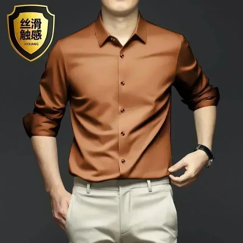 S-6XLHigh Quality Stretch Anti-Wrinkle Men Shirts Long Sleeve Dress Shirts For MaleSlim Social Business Blouse Solid Color Shirt