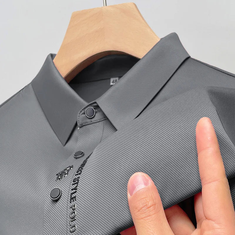 Ice Silk Embroidered Polo Shirt 2023 New Autumn/summer Polo Neck Elastic T-shirt Korean Fashion Short Sleeve Casual Men's Clothi