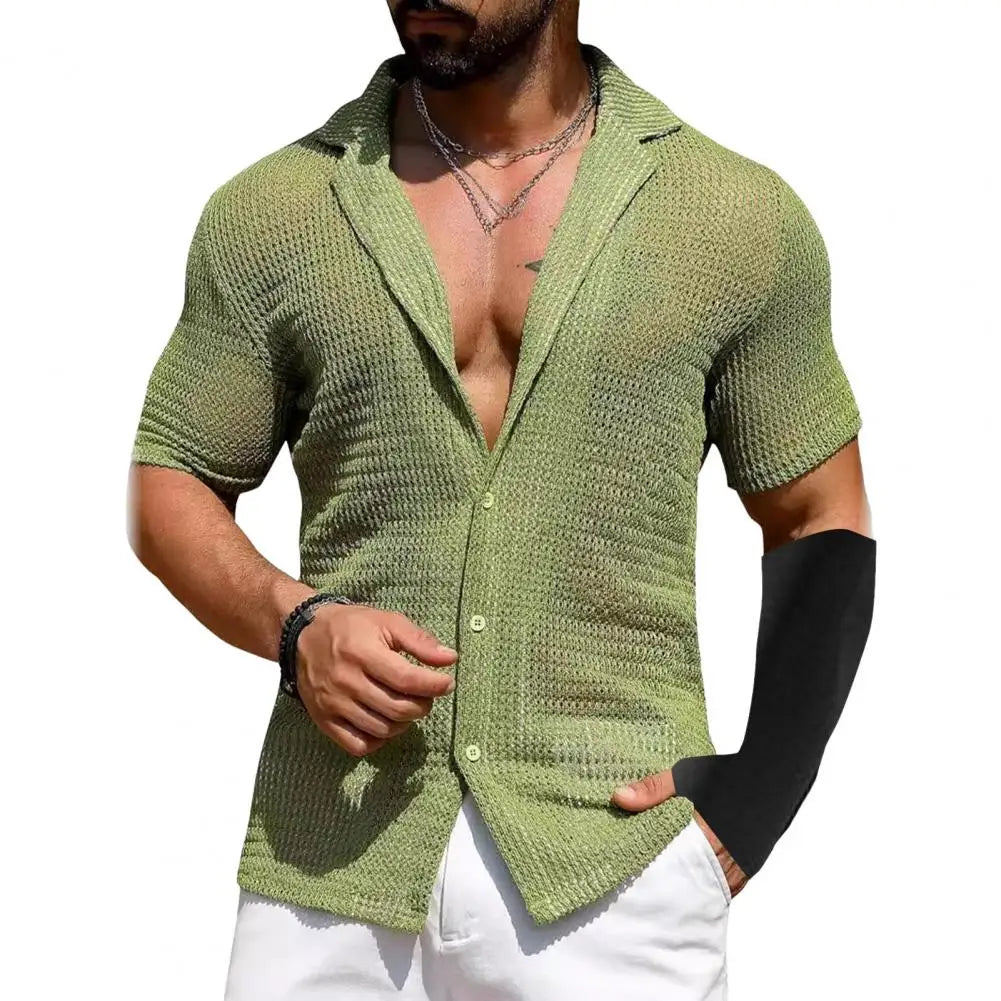Summer Men Shirt Knitted Hollow Elastic Vintage Short Sleeves Shirt Single-breasted Cardigan Vacation Beach Top