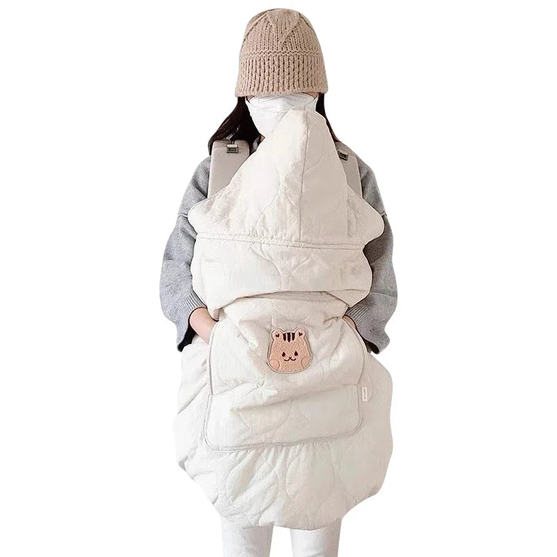 Cartoon Bear Baby Stroller Blanket Cover Korean Thicken Newborn Swaddle Wrap Hooded Cloak Cape Windproof Infant Sleeping Quilt