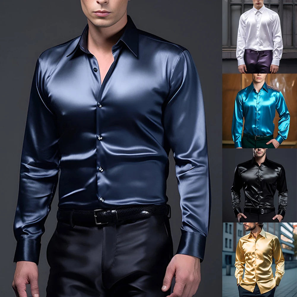 Men's Casual Satin Silk Shirts Single Breasted Button Lapel Collar Dress Shirt Slim Fit Fashion Party Long Sleeve Tops Clothing