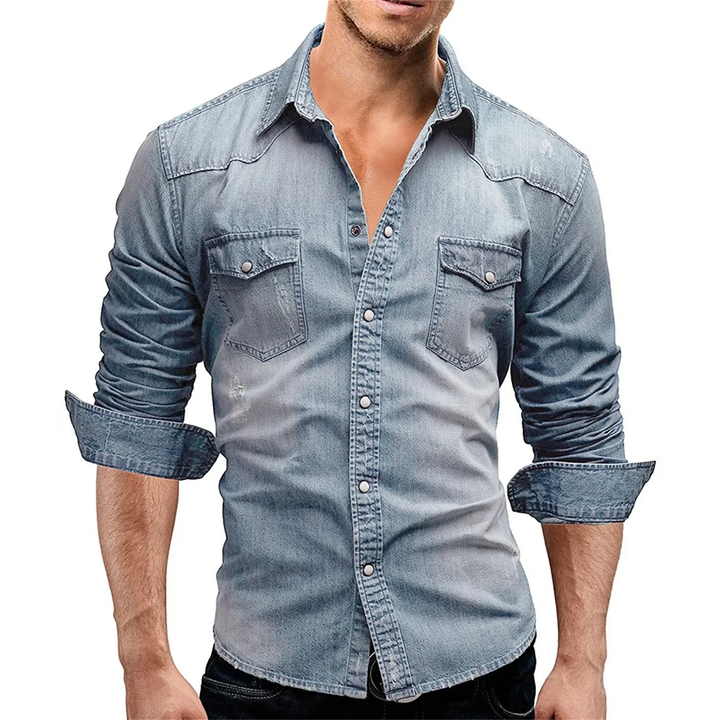 Elastic Cotton Denim Shirt Men Long Sleeve Cowboy Shirts Solid Color Pocket Shirts For Men Casual Slim Fit Jeans Shirts Chemise