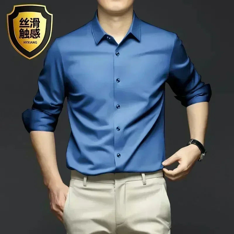 S-6XLHigh Quality Stretch Anti-Wrinkle Men Shirts Long Sleeve Dress Shirts For MaleSlim Social Business Blouse Solid Color Shirt